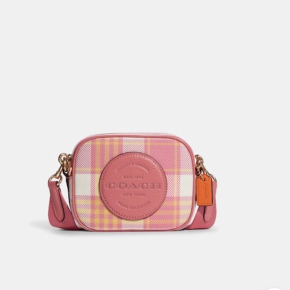 NWT Coach Mini Dempsey Camera Bag With Garden Plaid Print & Patch In Gold/Taffy - Picture 1 of 13